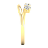 A side-profile view of a 14K yellow gold open-shank ring, showing the fluid spiral and bezel-set diamonds.