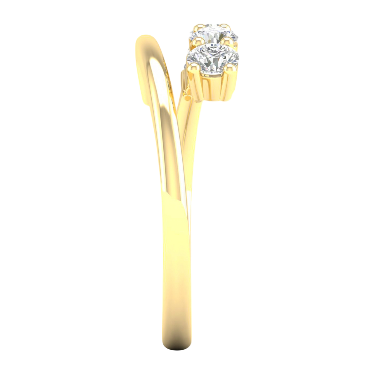 A side-profile view of a 14K yellow gold open-shank ring, showing the fluid spiral and bezel-set diamonds.