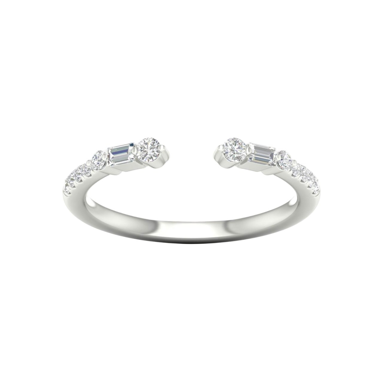 Amorati Diamonds Embrace Cluster Ring, a top-down view of a 10K white gold bypass ring with a three-diamond cluster at each end.