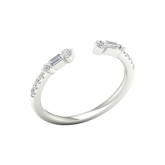 Amorati Diamonds Embrace Cluster Ring, an angled view of a 10K white gold bypass ring, showcasing the brilliant diamond cluster.