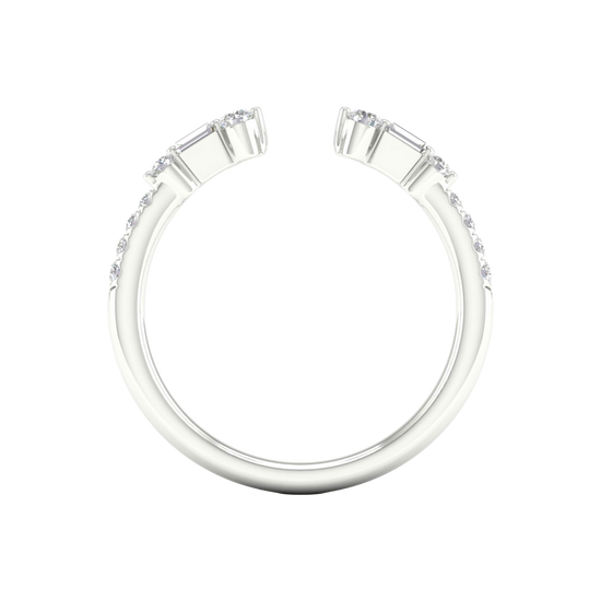 Amorati Diamonds Embrace Cluster Ring, a side-profile view of a 10K white gold bypass ring, showing the fluid band and the three-diamond cluster.