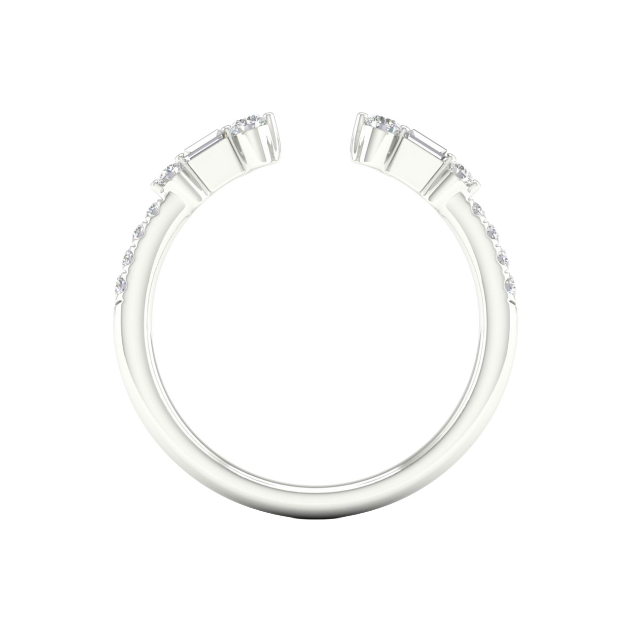 Amorati Diamonds Embrace Cluster Ring, a side-profile view of a 10K white gold bypass ring, showing the fluid band and the three-diamond cluster.