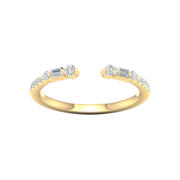 Amorati Diamonds Embrace Cluster Ring, a top-down view of a 10K yellow gold bypass ring with a three-diamond cluster at each end.