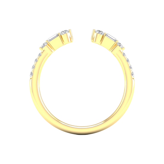 Amorati Diamonds Embrace Cluster Ring, a side-profile view of a 10K yellow gold bypass ring, showing the fluid band and the three-diamond cluster.