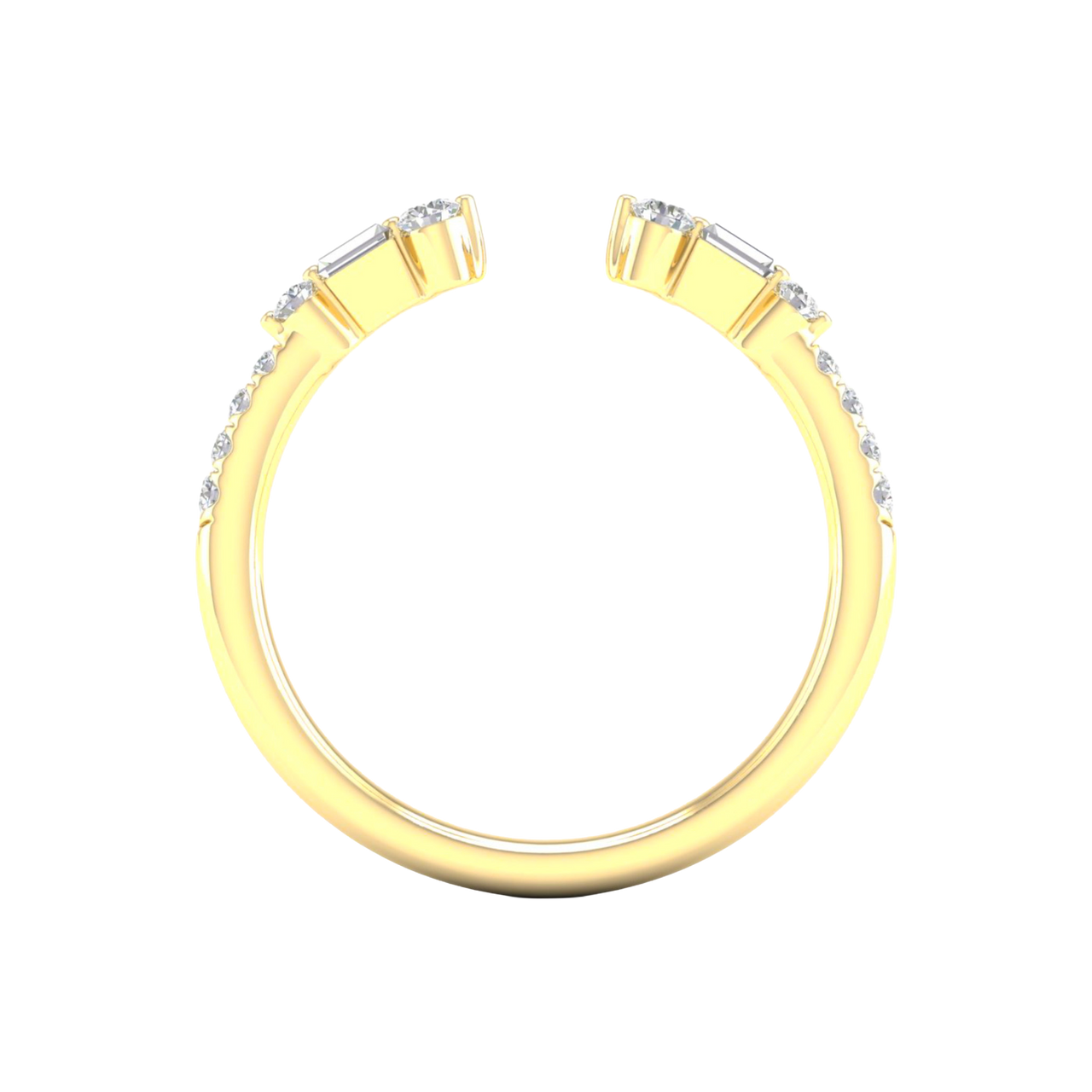 Amorati Diamonds Embrace Cluster Ring, a side-profile view of a 10K yellow gold bypass ring, showing the fluid band and the three-diamond cluster.