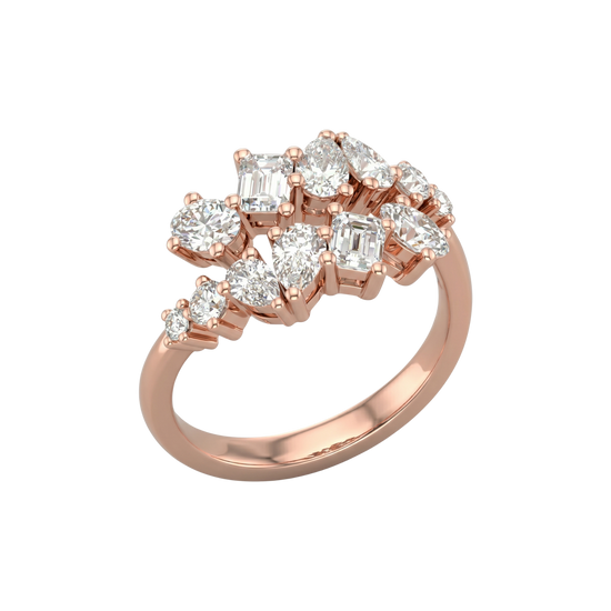 An angled view of a 14K rose gold ring, showcasing the brilliant, mixed-shape diamond cluster.