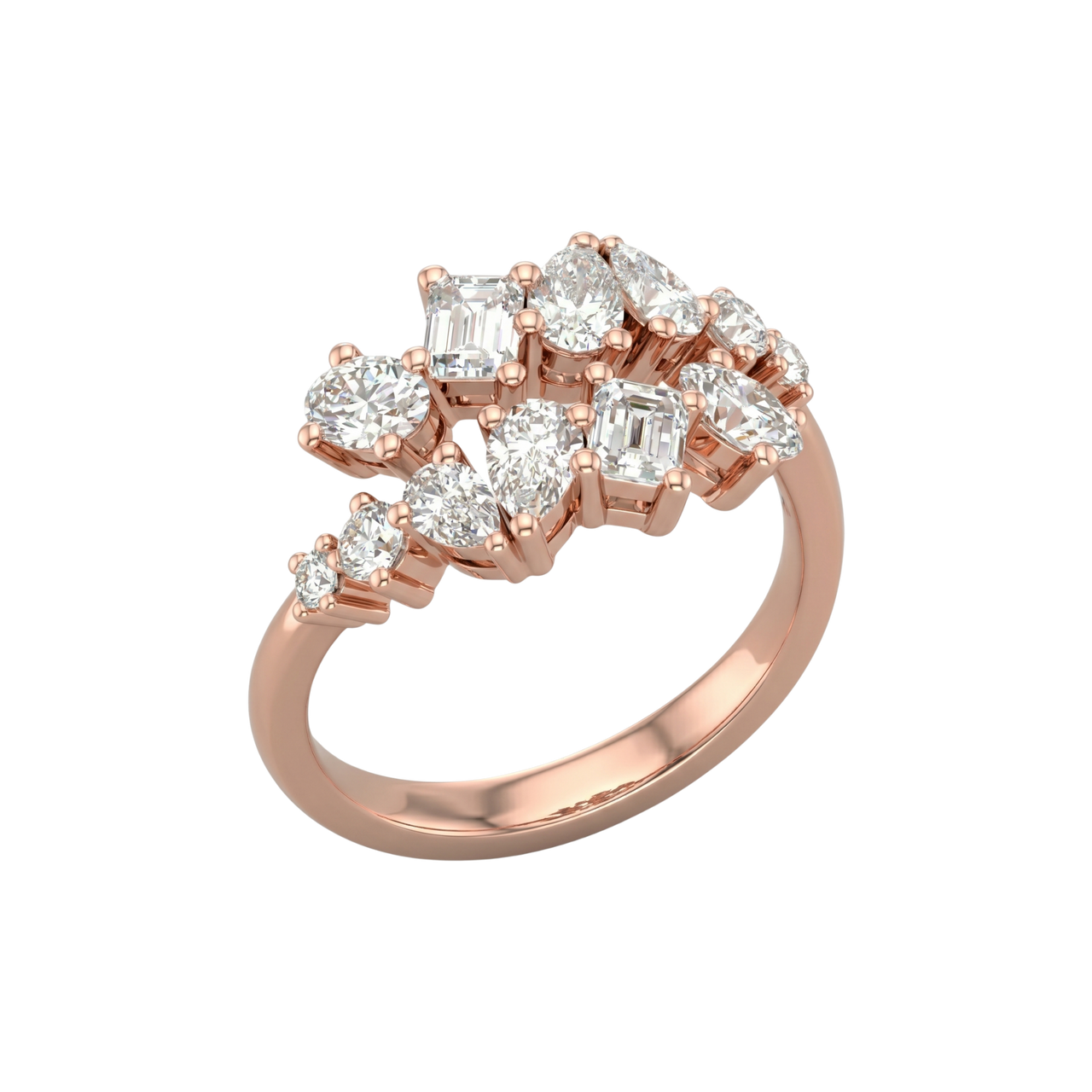 An angled view of a 14K rose gold ring, showcasing the brilliant, mixed-shape diamond cluster.