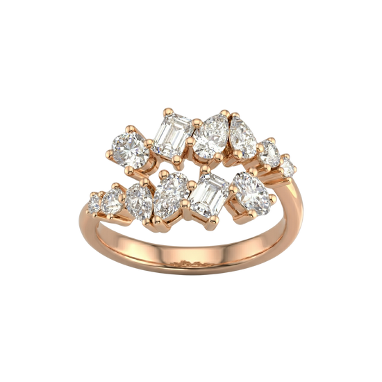 A top-down view of a 14K rose gold ring with a large, asymmetrical cluster of various diamond shapes.