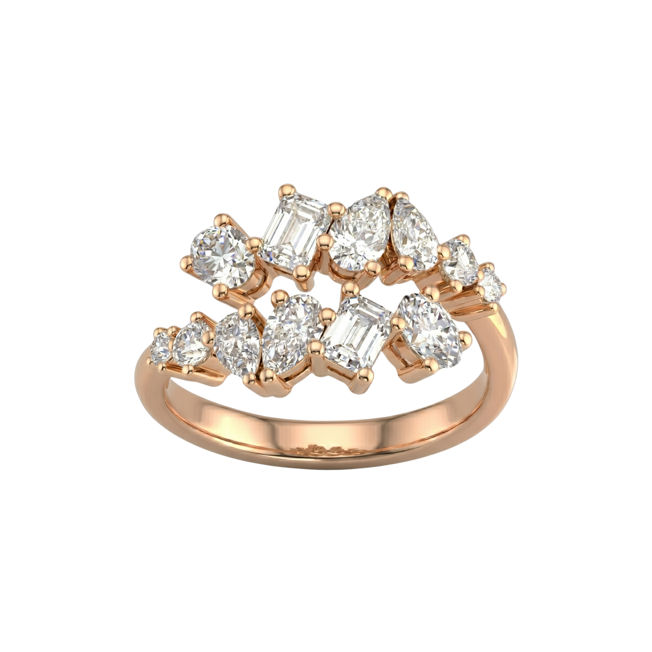 A top-down view of a 14K rose gold ring with a large, asymmetrical cluster of various diamond shapes.