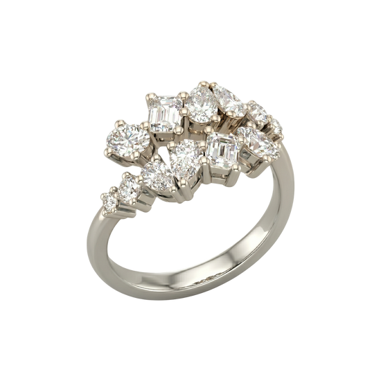 An angled view of a 14K white gold ring, showcasing the brilliant, mixed-shape diamond cluster.