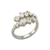 An angled view of a 14K white gold ring, showcasing the brilliant, mixed-shape diamond cluster.