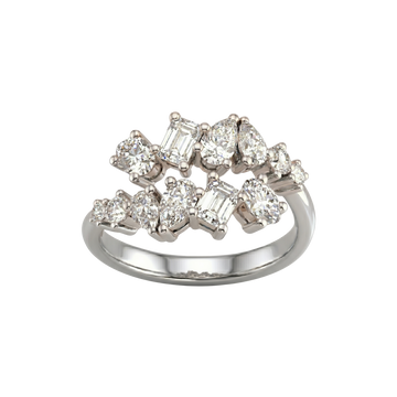 A top-down view of a 14K white gold ring with a large, asymmetrical cluster of various diamond shapes.