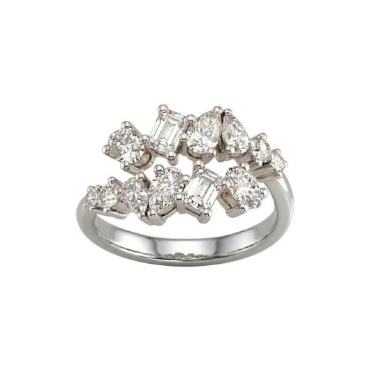 A top-down view of a 14K white gold ring with a large, asymmetrical cluster of various diamond shapes.