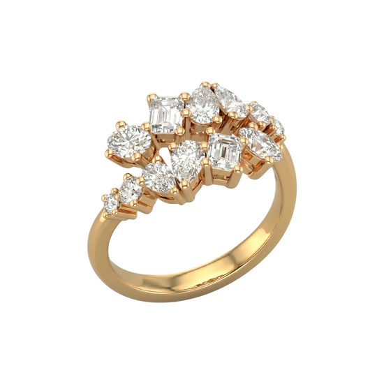 An angled view of a 14K yellow gold ring, showcasing the brilliant, mixed-shape diamond cluster.
