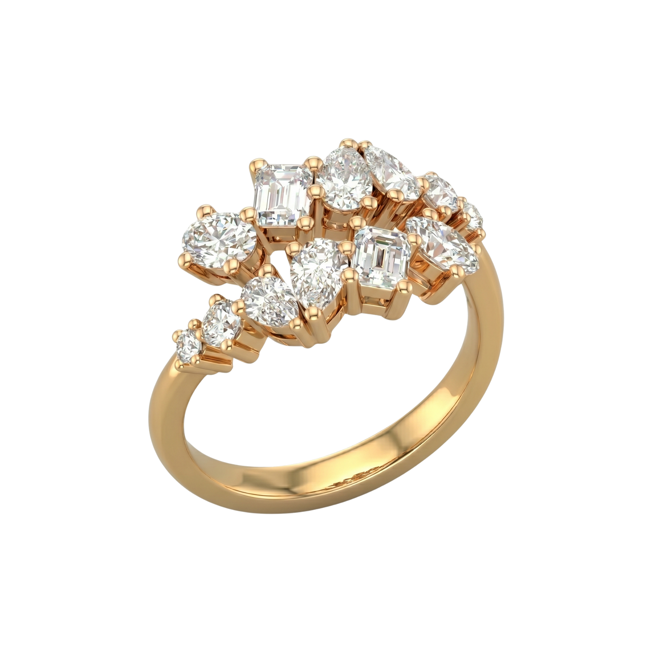 An angled view of a 14K yellow gold ring, showcasing the brilliant, mixed-shape diamond cluster.