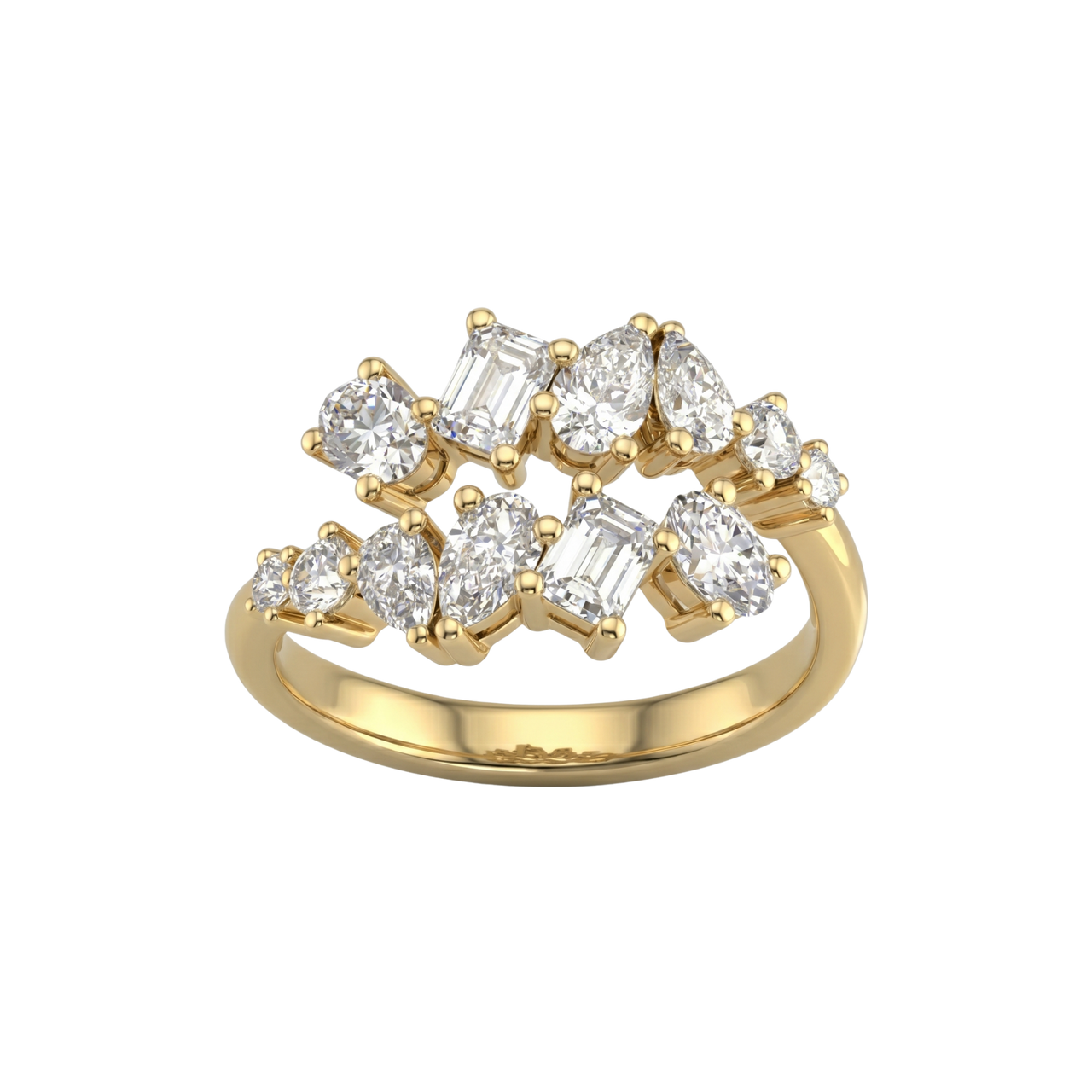 A top-down view of a 14K yellow gold ring with a large, asymmetrical cluster of various diamond shapes.