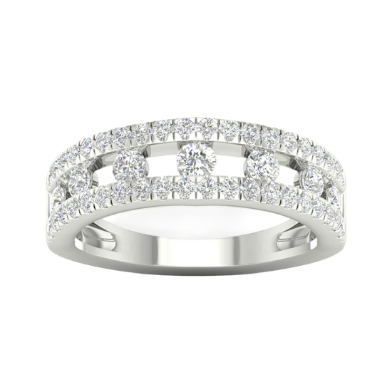 A top-down view of a 14K white gold wide band ring with three rows of pavé diamonds.