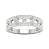 A top-down view of a 14K white gold wide band ring with three rows of pavé diamonds.
