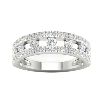 A top-down view of a 14K white gold wide band ring with three rows of pavé diamonds.