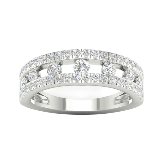 A top-down view of a 14K white gold wide band ring with three rows of pavé diamonds.