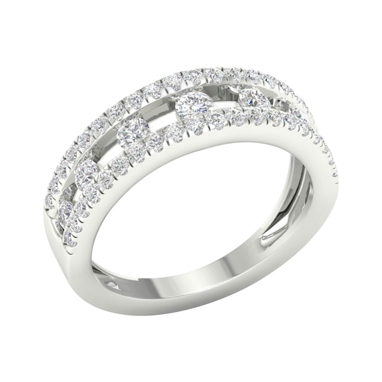 An angled view of a 14K white gold wide band ring, showcasing the brilliant pavé diamonds in three parallel rows.