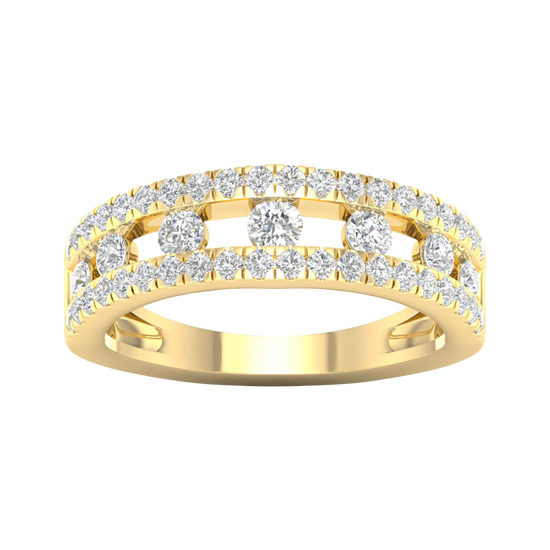 A top-down view of a 14K yellow gold wide band ring with three rows of pavé diamonds.