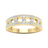 A top-down view of a 14K yellow gold wide band ring with three rows of pavé diamonds.