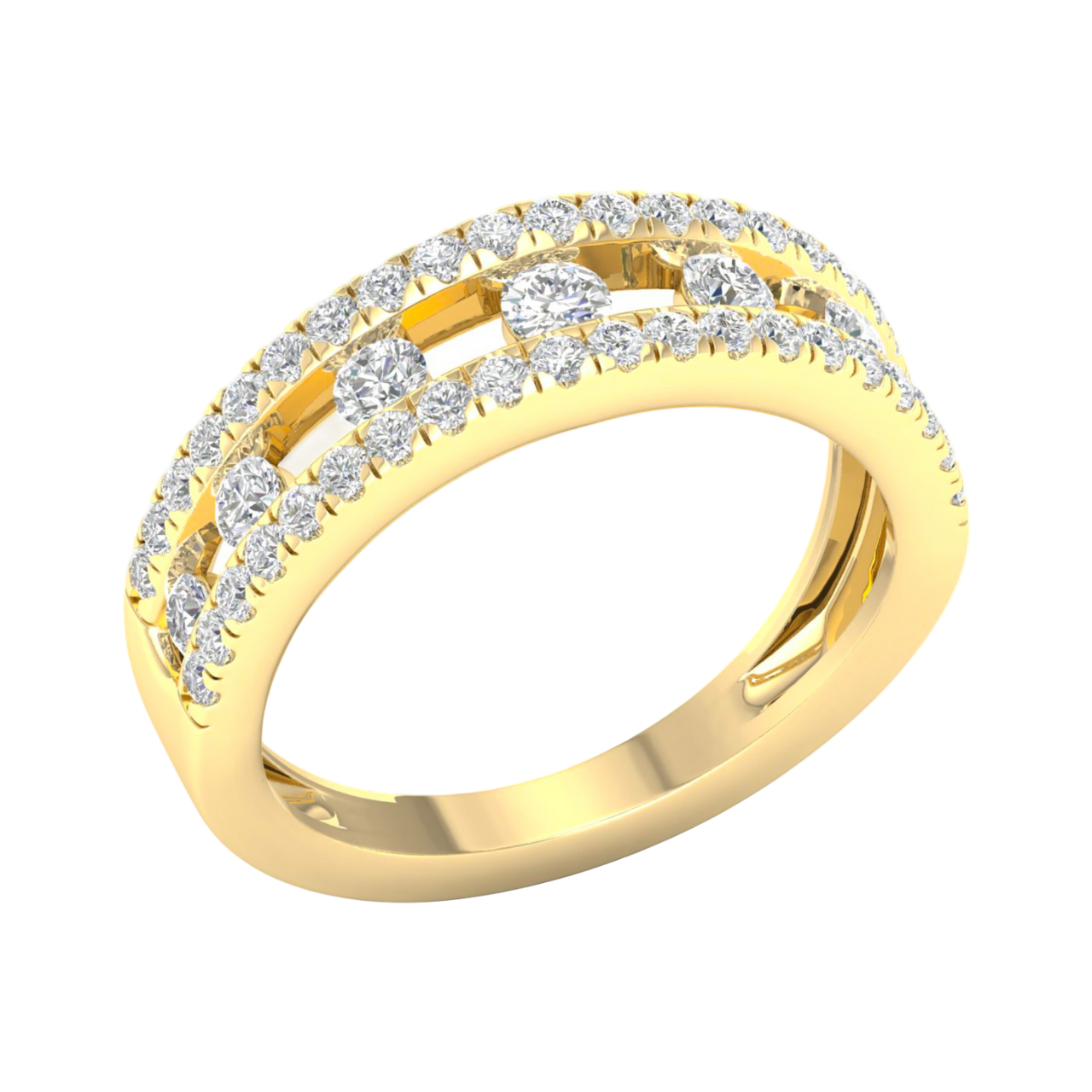 An angled view of a 14K yellow gold wide band ring, showcasing the brilliant pavé diamonds in three parallel rows.