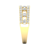 A side-profile view of a 14K yellow gold wide band ring, showing the three rows of pavé and the height of the band.
