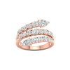 A top-down view of a 14K rose gold open-shank ring with a continuous spiral design and a pavé diamond surface. A side-profile view of a 14K rose gold open-shank ring, showing the fluid spiral and pavé diamonds. An angled view of a 14K rose gold open-shank ring, showcasing the brilliant pavé spiral.