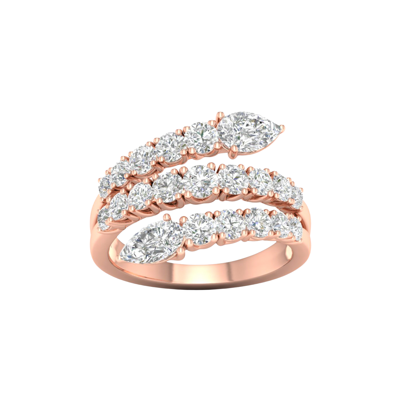 A top-down view of a 14K rose gold open-shank ring with a continuous spiral design and a pavé diamond surface. A side-profile view of a 14K rose gold open-shank ring, showing the fluid spiral and pavé diamonds. An angled view of a 14K rose gold open-shank ring, showcasing the brilliant pavé spiral.