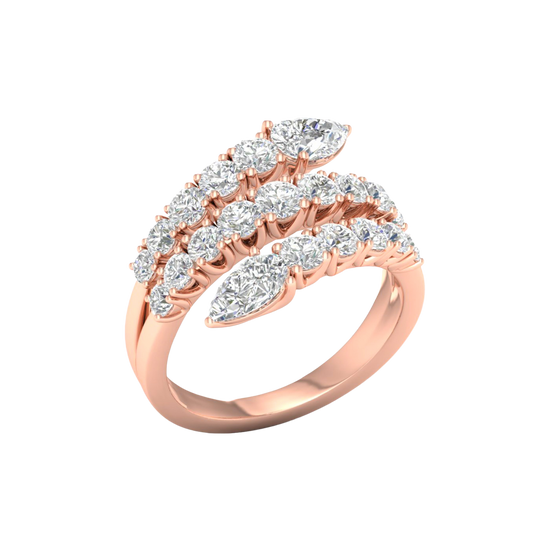 An angled view of a 14K rose gold open-shank ring, showcasing the brilliant pavé spiral.