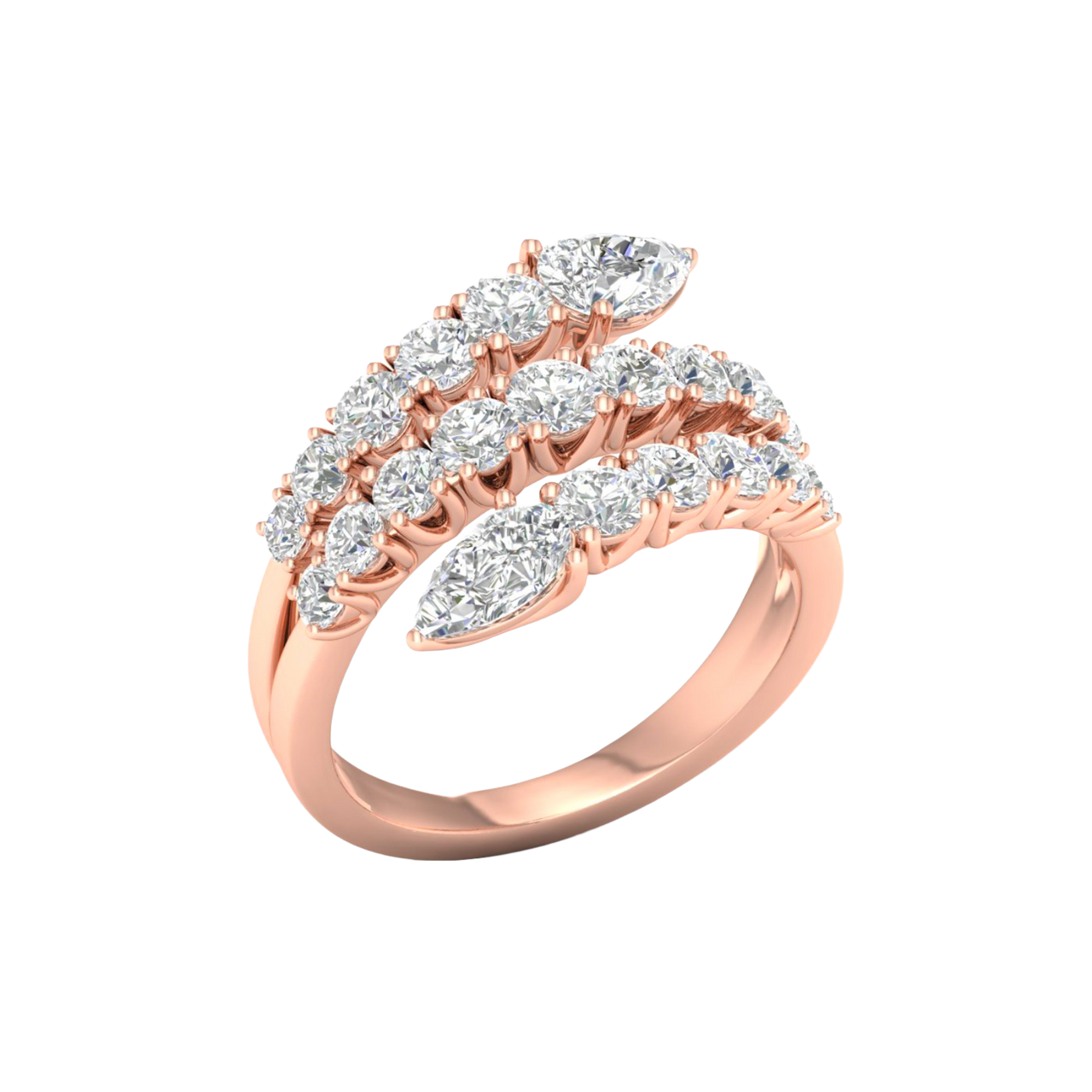 An angled view of a 14K rose gold open-shank ring, showcasing the brilliant pavé spiral.
