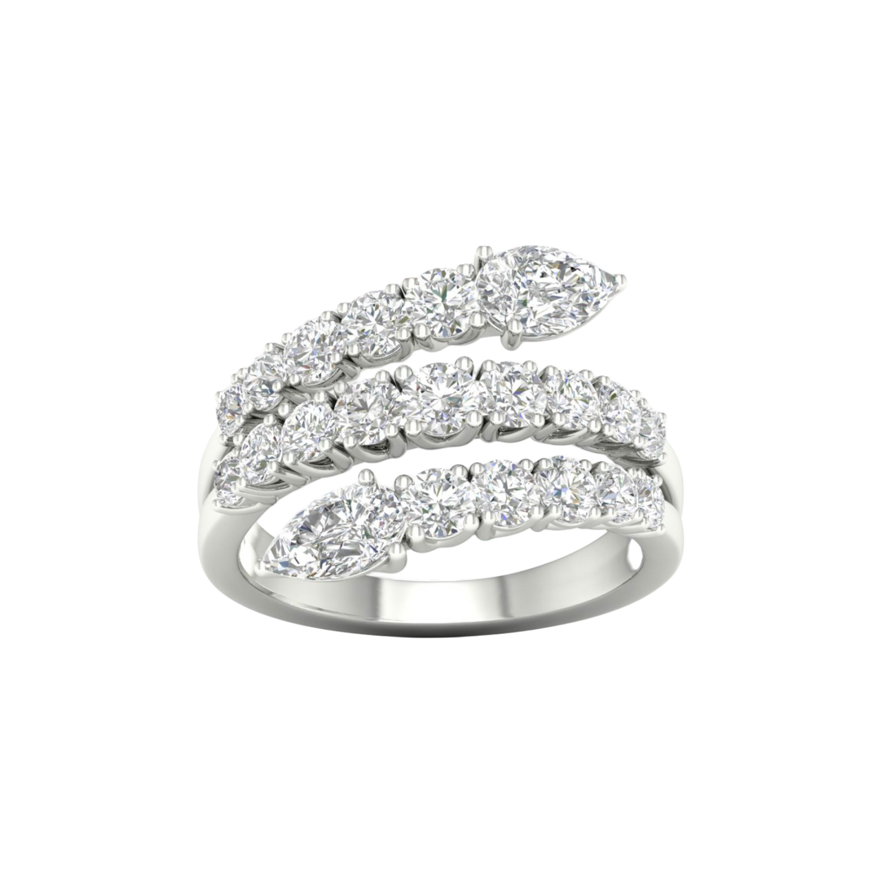 A top-down view of a 14K white gold open-shank ring with a continuous spiral design and a pavé diamond surface.