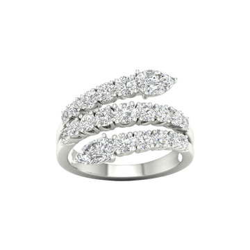 A top-down view of a 14K white gold open-shank ring with a continuous spiral design and a pavé diamond surface.