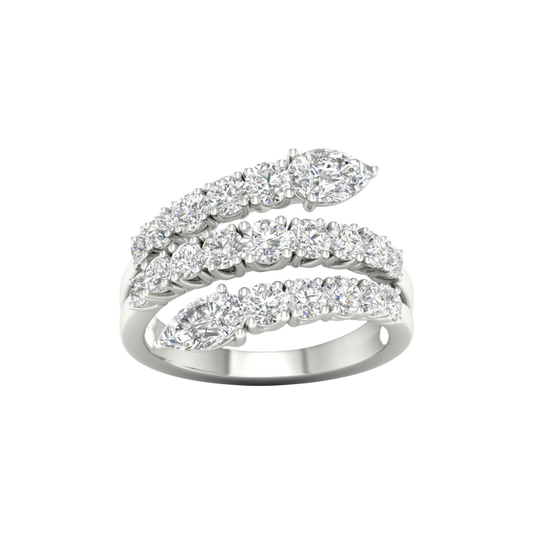 A top-down view of a 14K white gold open-shank ring with a continuous spiral design and a pavé diamond surface.