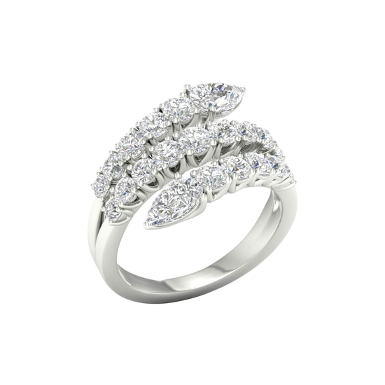 An angled view of a 14K white gold open-shank ring, showcasing the brilliant pavé spiral.