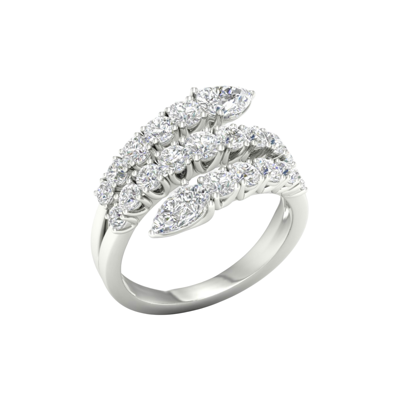 An angled view of a 14K white gold open-shank ring, showcasing the brilliant pavé spiral.