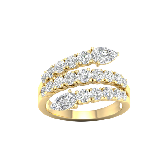A top-down view of a 14K yellow gold open-shank ring with a continuous spiral design and a pavé diamond surface.