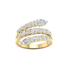 A top-down view of a 14K yellow gold open-shank ring with a continuous spiral design and a pavé diamond surface.