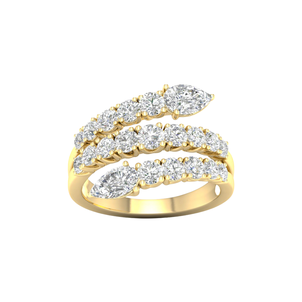 A top-down view of a 14K yellow gold open-shank ring with a continuous spiral design and a pavé diamond surface.