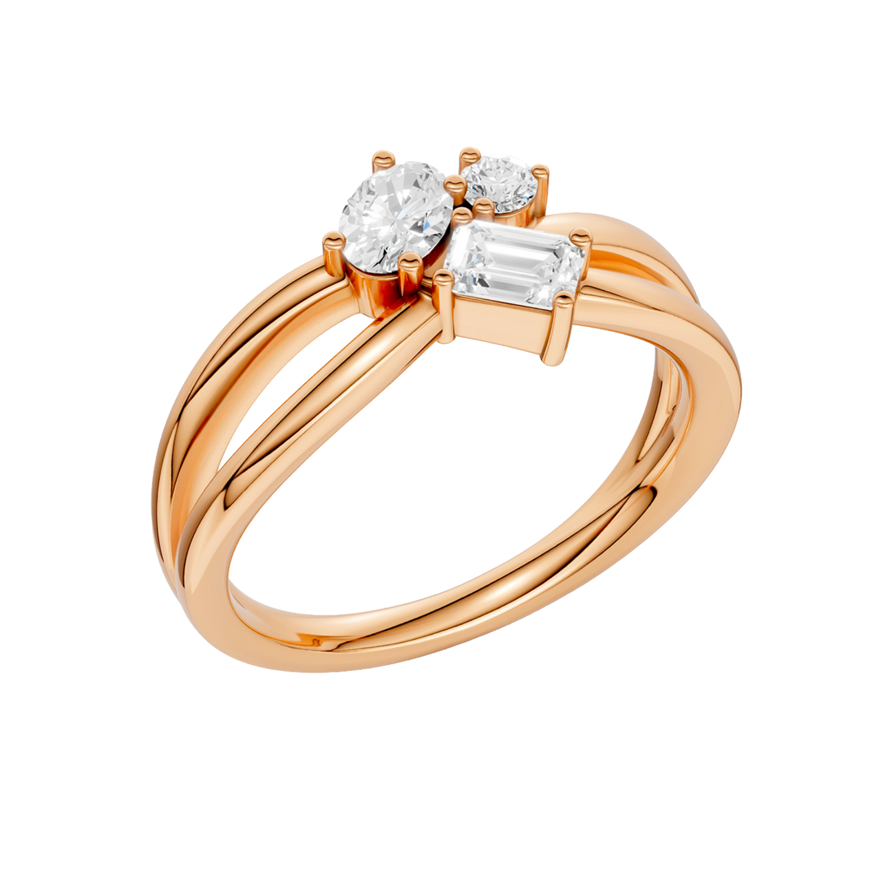 An angled view of a 14K rose gold bypass ring, showcasing the baguette cluster and the curved band.