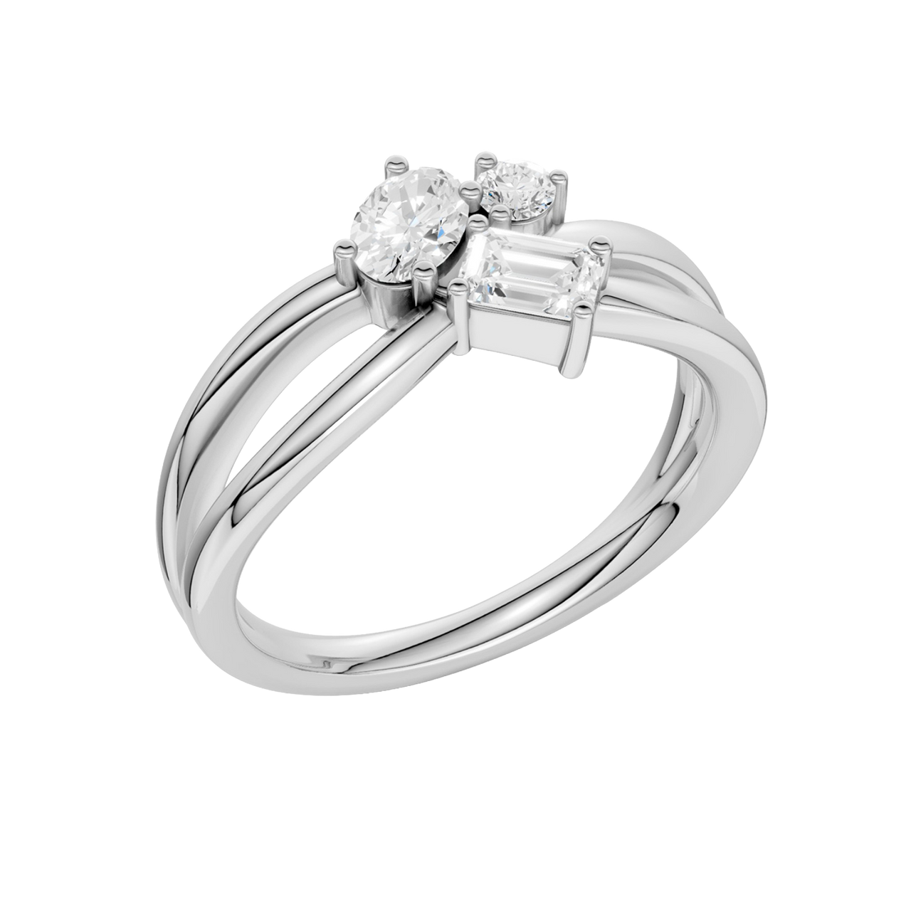 An angled view of a 14K white gold bypass ring, showcasing the baguette cluster and the curved band.