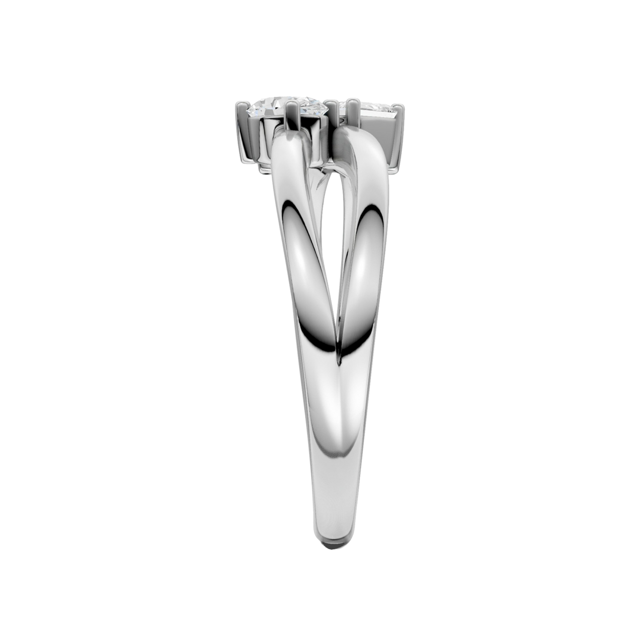 A side-profile view of a 14K white gold bypass ring, showing the fluid band and the three baguette diamonds.