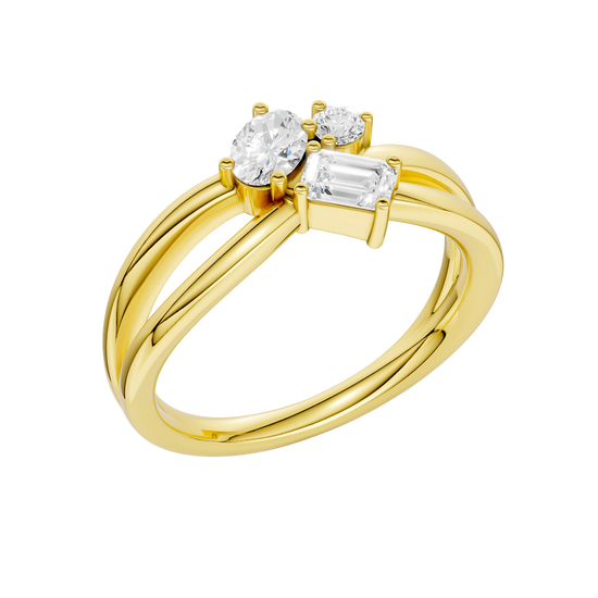 An angled view of a 14K yellow gold bypass ring, showcasing the baguette cluster and the curved band.
