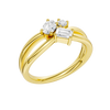 An angled view of a 14K yellow gold bypass ring, showcasing the baguette cluster and the curved band.