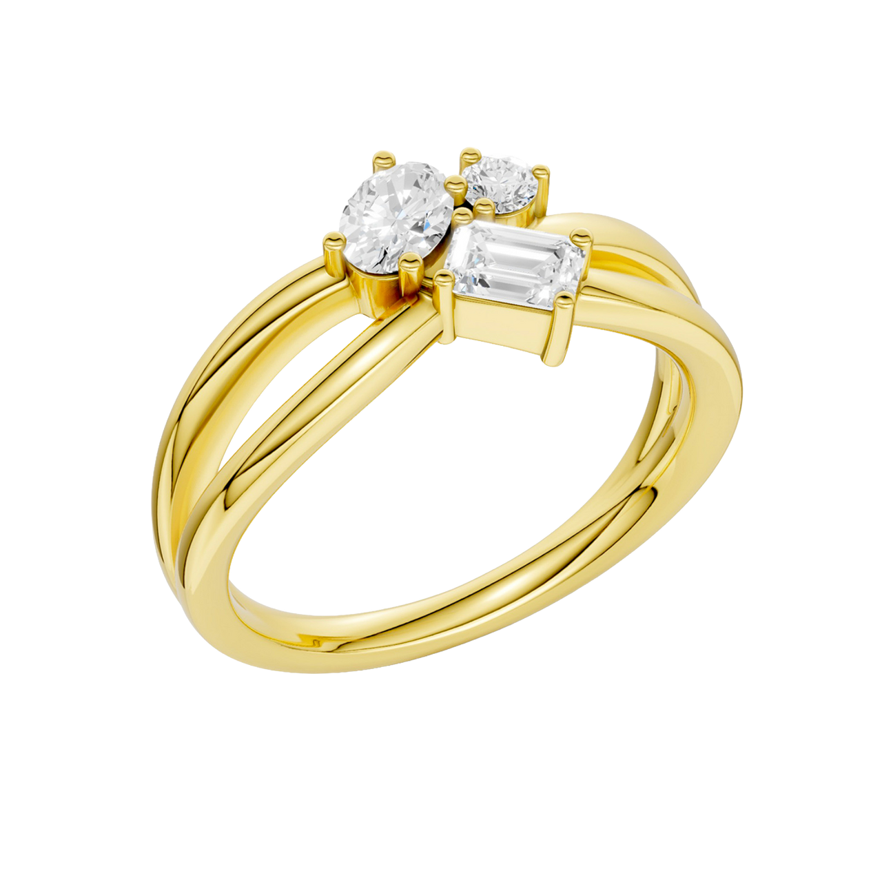 An angled view of a 14K yellow gold bypass ring, showcasing the baguette cluster and the curved band.