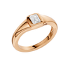 An angled view of Amorati Diamonds Horizon Diamond Ring, 10K rose gold ring with a single, emerald lab-grown diamond in a sleek, curving band.