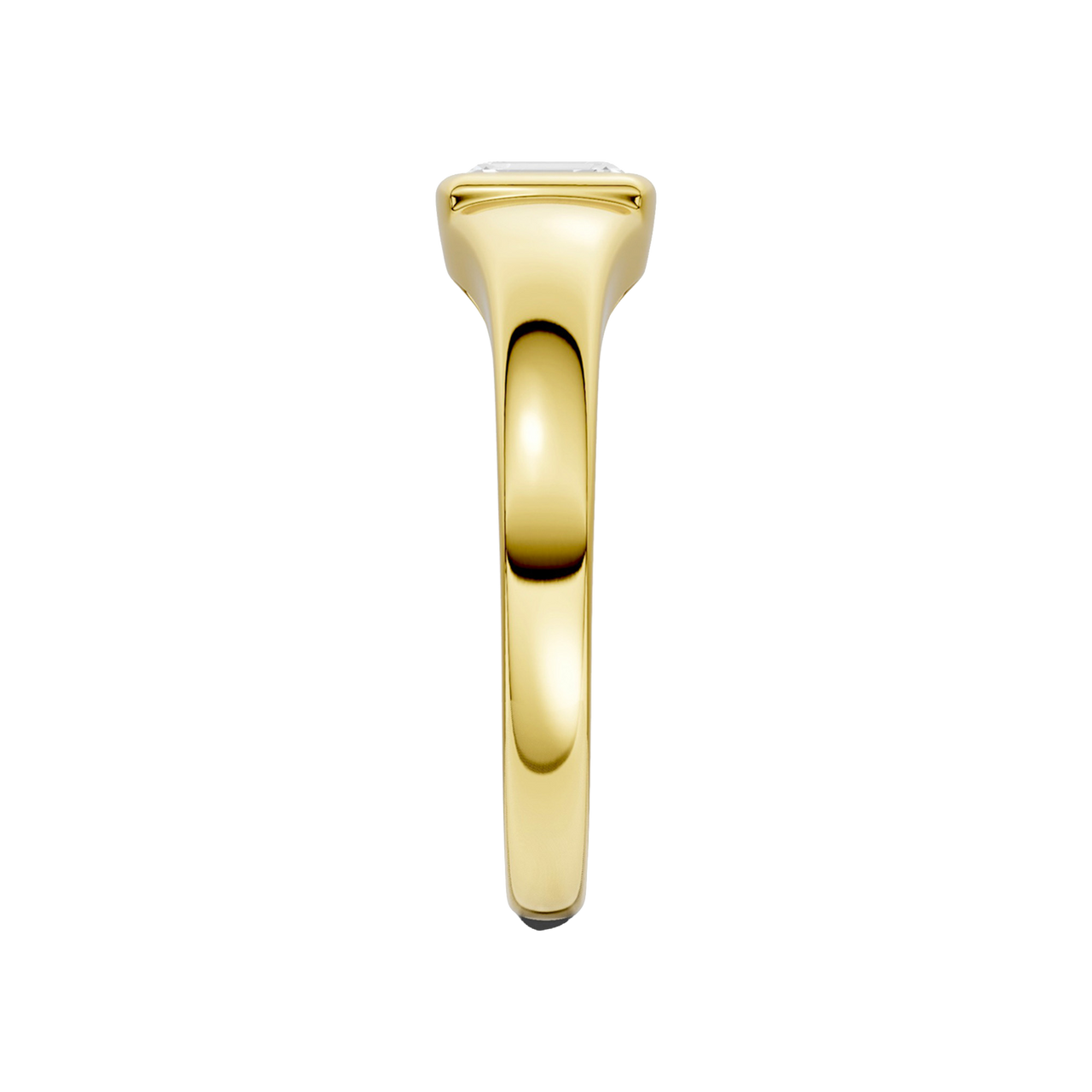 A side-profile view of Amorati Diamonds Horizon Diamond Ring, 10K yellow gold ring with a single, emerald lab-grown diamond in a sleek, curving band.