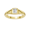 Amorati Diamonds Horizon Diamond Ring: A top-down view of a sleek, curving 10K yellow gold band with a lab-grown emerald solitaire.